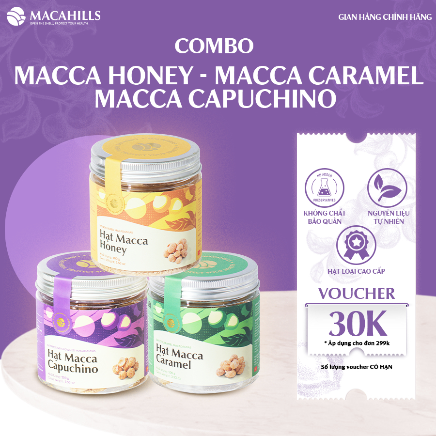 Combo 3 Hộp Macca Honey Macca Caramel Và Macca Capuchino Thơm Béo Giòn Tan Khó Cưỡng Hộp 100gr