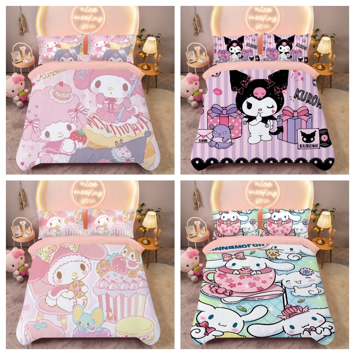 lz- Sanrio Kuromi Melody Cinnamoroll 3in1 Bộ đồ giường Ga trải giường Quilt Cover Phòng ngủ Có thể giặt được Bộ đồ thoải mái