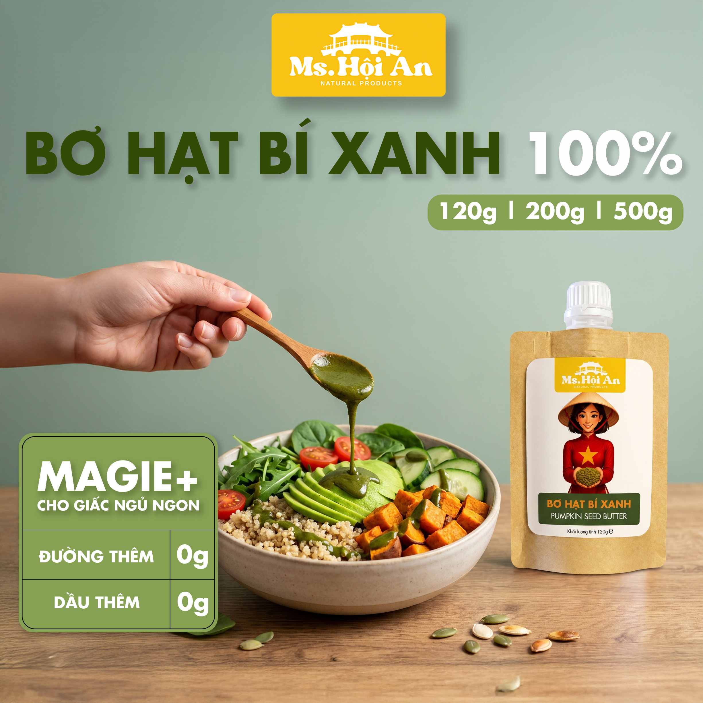 Bơ Hạt Bí Xanh 100% Ms. Hoi An - Không Đường Không Dầu - Giàu Magie Kẽm Eat Clean