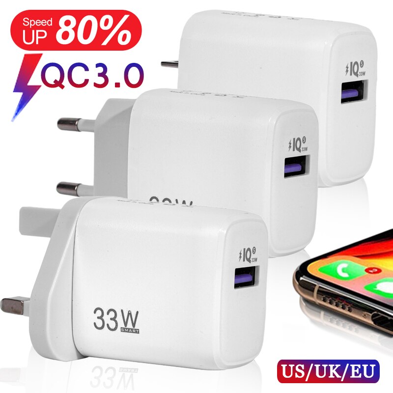 33W QC3.0 Mobile Phone USB Charger Universal Fast Charging EU/US/UK Standard Plug for Samsung Xiaomi Huawei