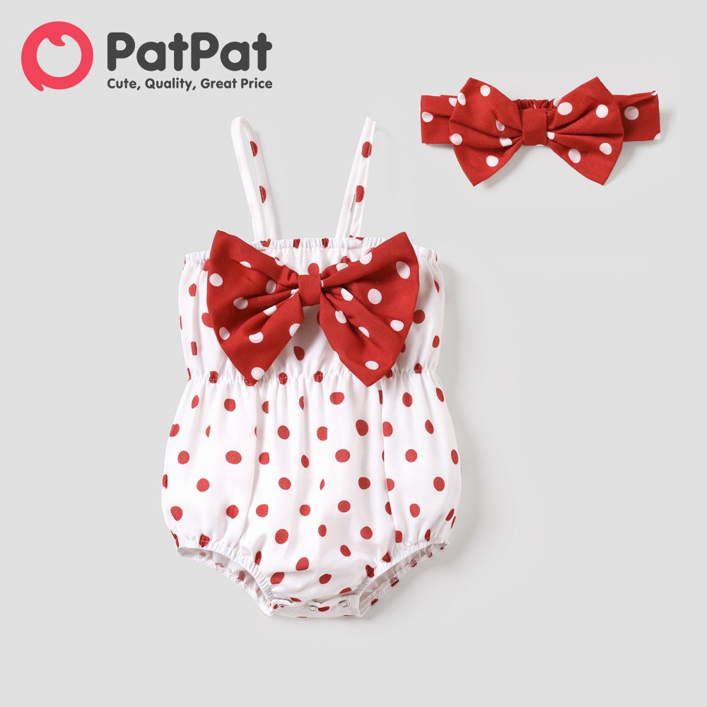 PatPat 2pcs Baby Girl Polka Dots Print Bow Front Cami Romper & Headband Set