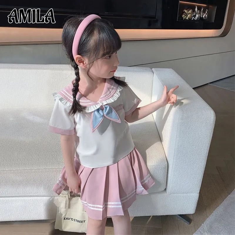 AMILA Girls' Preppy Style Suit Skirt Shirt Pleated Skirt Two-Piece Set Comfortable All-Match Children JK Suit ราคา 242 บาท*ส่งฟรี