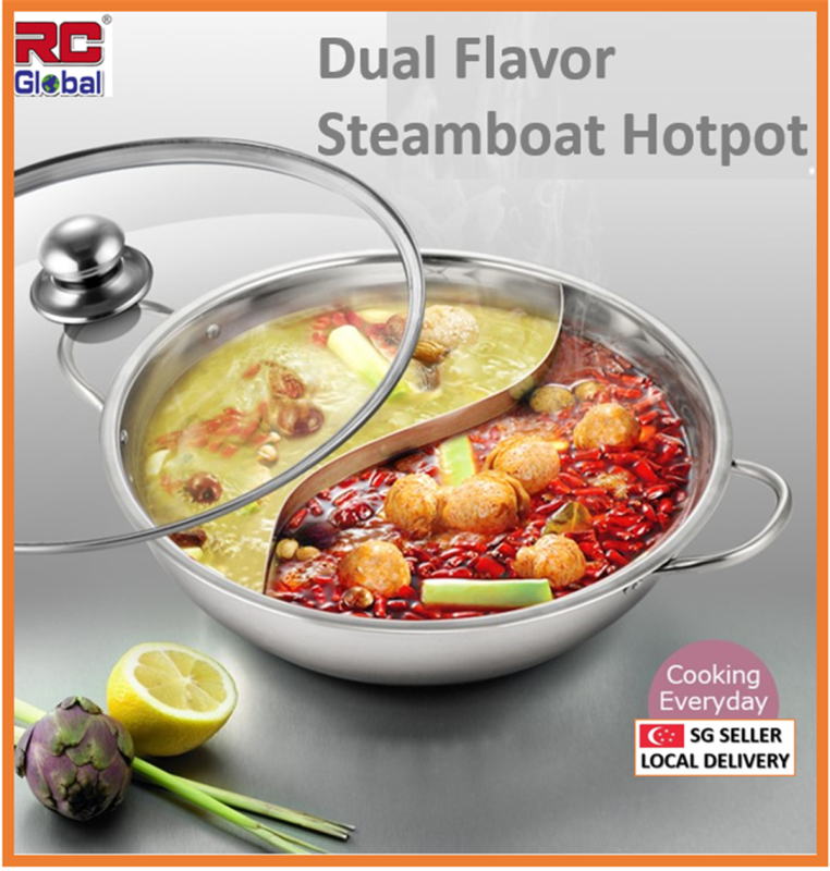RC-Global 32 cm Dual Steamboat pot / Yuan Yan Hot Pot / With tinted Glass Lid / Food Grade Stainless Steel Induction Pot Divider / 32 cm 4.7 L for 4-6 Pax / Singapore