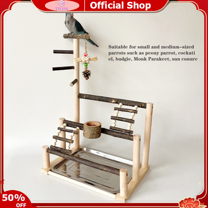 TEQIN Bird Natural Wood Playground, Parrot Perch Stand With Feeding Cup Ladder Chew Toy, Bird Playstand With Stainless Steel Tray For Parakeet Cockatiel - ยี่ห้อ TEQIN ราคา 748 บาท*ส่งฟรี