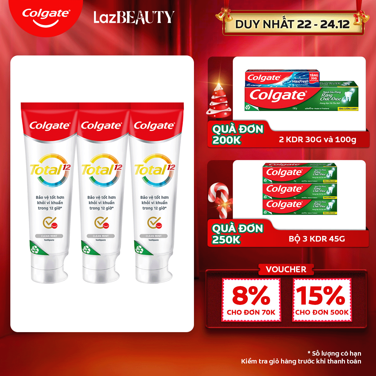 [Chỉ 22 - 24.12_Áp Voucher giảm thêm 8%]Bộ 3 Kem đánh răng Colgate Total bảo vệ toàn diện 12h 170g/tuýp