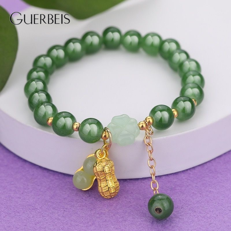 GUERBEIS Chinese Style Beaded Bracelet with Golden Peanut Charm and Lucky Pendant for Women and Men ราคา 19 บาท*ส่งฟรี