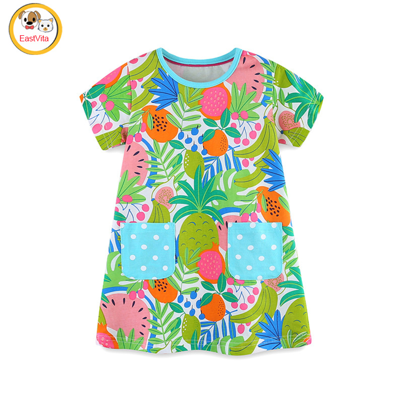 Girl's Short Sleeve Dresses Summer Cute Cotton Fruits Printing Skirts Casual Round Neck Pocket Dresses ราคา 204 บาท*ส่งฟรี