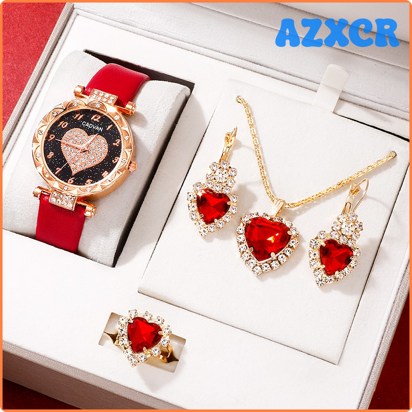 AZXCR Damen Quarzuhr Luxus Ring Halskette Ohrring Strass Mode Armbanduhr Damen Uhr lässig Damen Uhren montre femme BGHTR