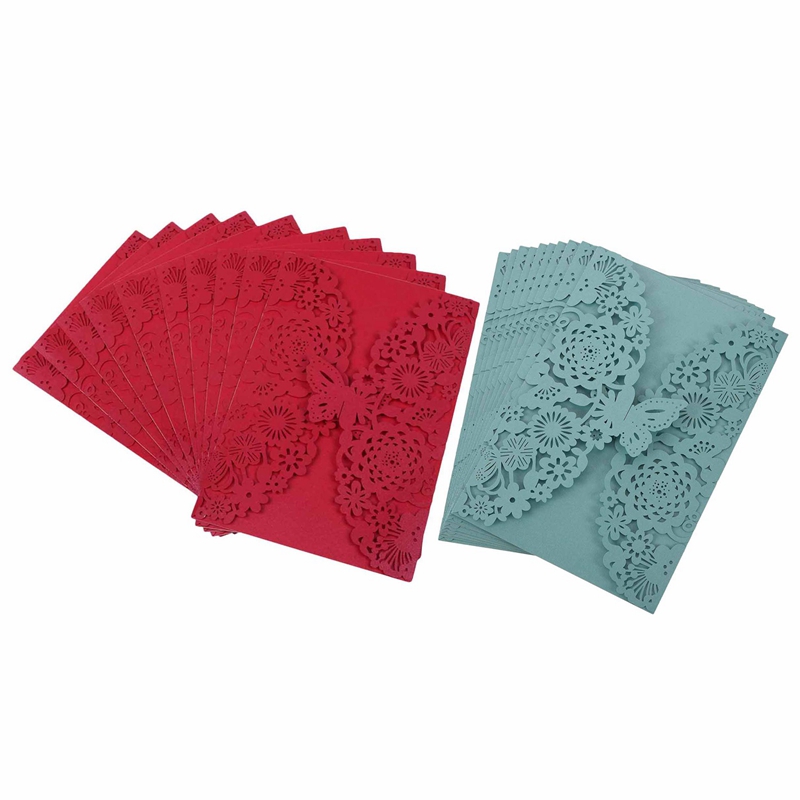 20Pcs Delicate Carved Butterflies Romantic Wedding Party Invitation Card Envelope Invitations for Wedding - 10Pcs Red & 10Pcs Blue Green