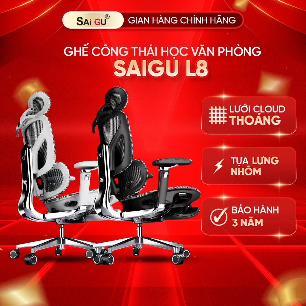 Ghế Công thá¡ Học Saigu Ares L8 Full Nhôm Chính Hãng Full VAT Bảo Hành 3 Năm