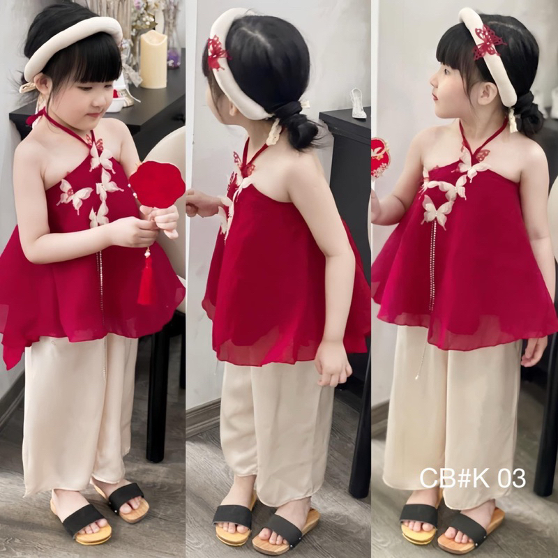 Set áo đỏ cổ yếm butterfly K03 quần lụa kèm mấn cho bé gái mặc trung thu