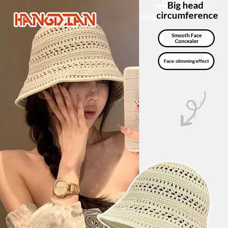 HANGDIAN Knitted Hollow Bucket Hat for Women, Breathable Sun Protection Summer Beach Cap with Elegant Design ราคา 73 บาท*ส่งฟรี