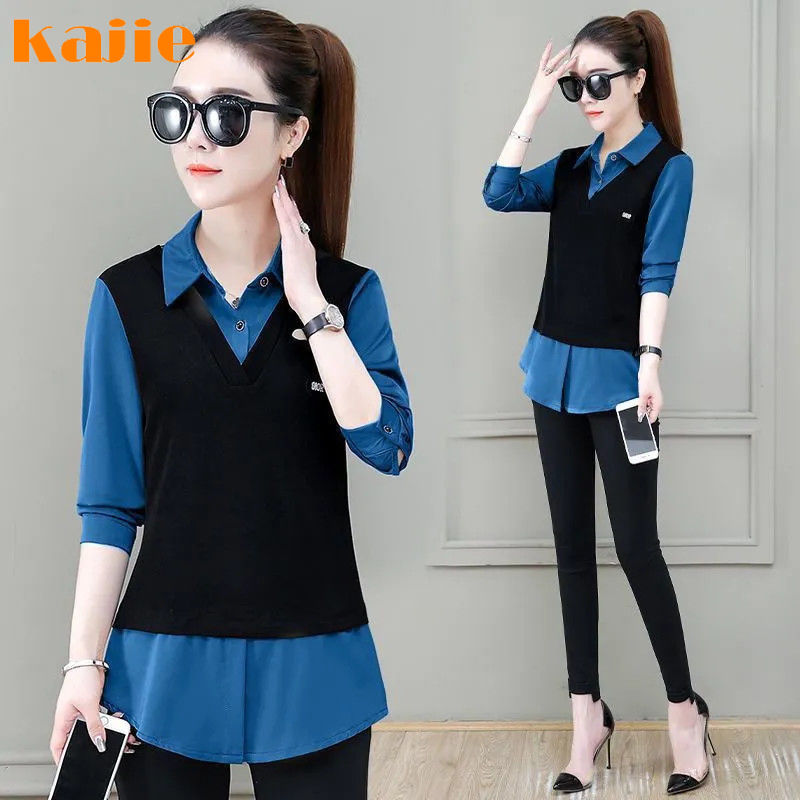 2023 Spring and Autumn New Fake Two Piece Shirts Women's Top Slim Plus Size Women's Fashion Bottom Shirt