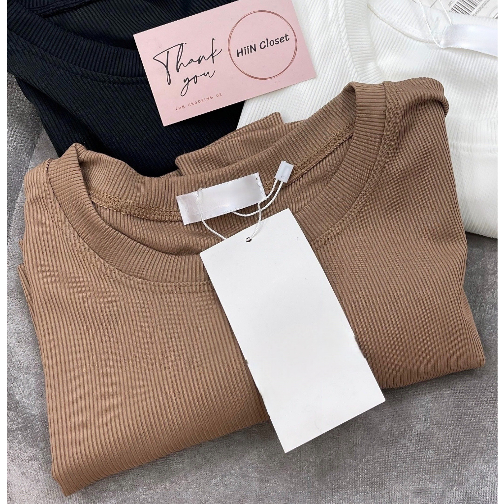 Set 3 áo thun gân hàng xuất xịn - Áo thun nữ cổ tròn ôm body - HiiNCloset