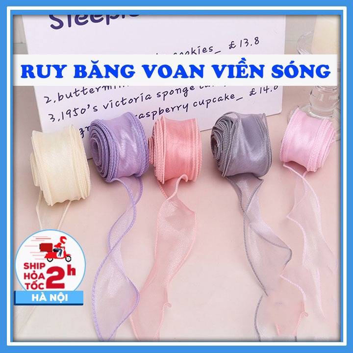 Cuộn ruy băng voan bèo, ruy băng viền sóng bản 4cm làm nơ, bó hoa - Dây ruy băng ren lụa, ruy băng chữ gói quà, phụ kiện