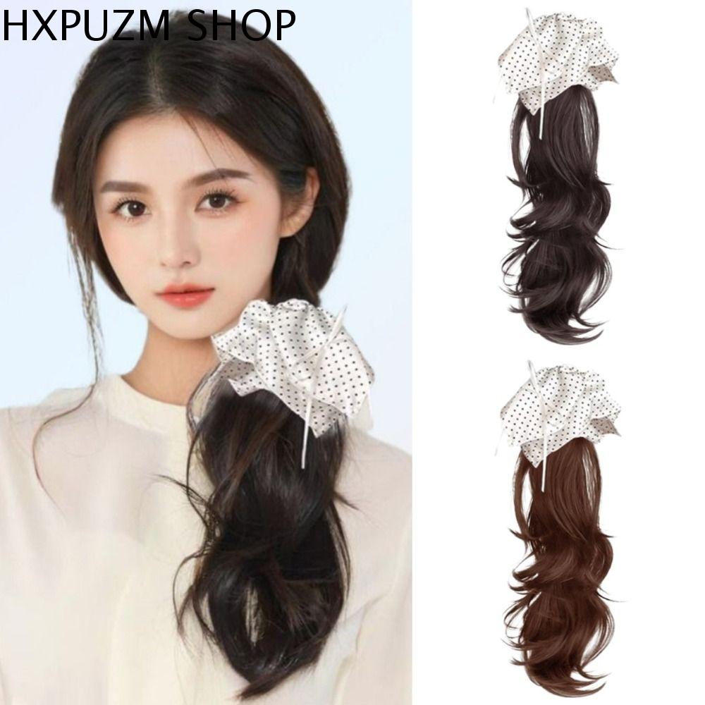 HXPUZM Nơ Hàn Quốc Tóc giả khăn quàng vuông Cà vạt thấp ChấM Bi Tóc đuôi ngựa Thanh lịch Tự nhiên Tóc đuôi ngựa Xoăn Dài lượn sóng Bé gái