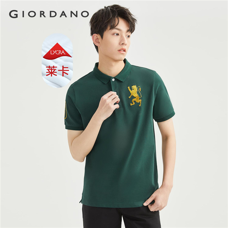 GIORDANO Áo polo nam vải pique cotton co giãn tốt tay ngắn thêu hình sư tử 3D thời trang 01011422