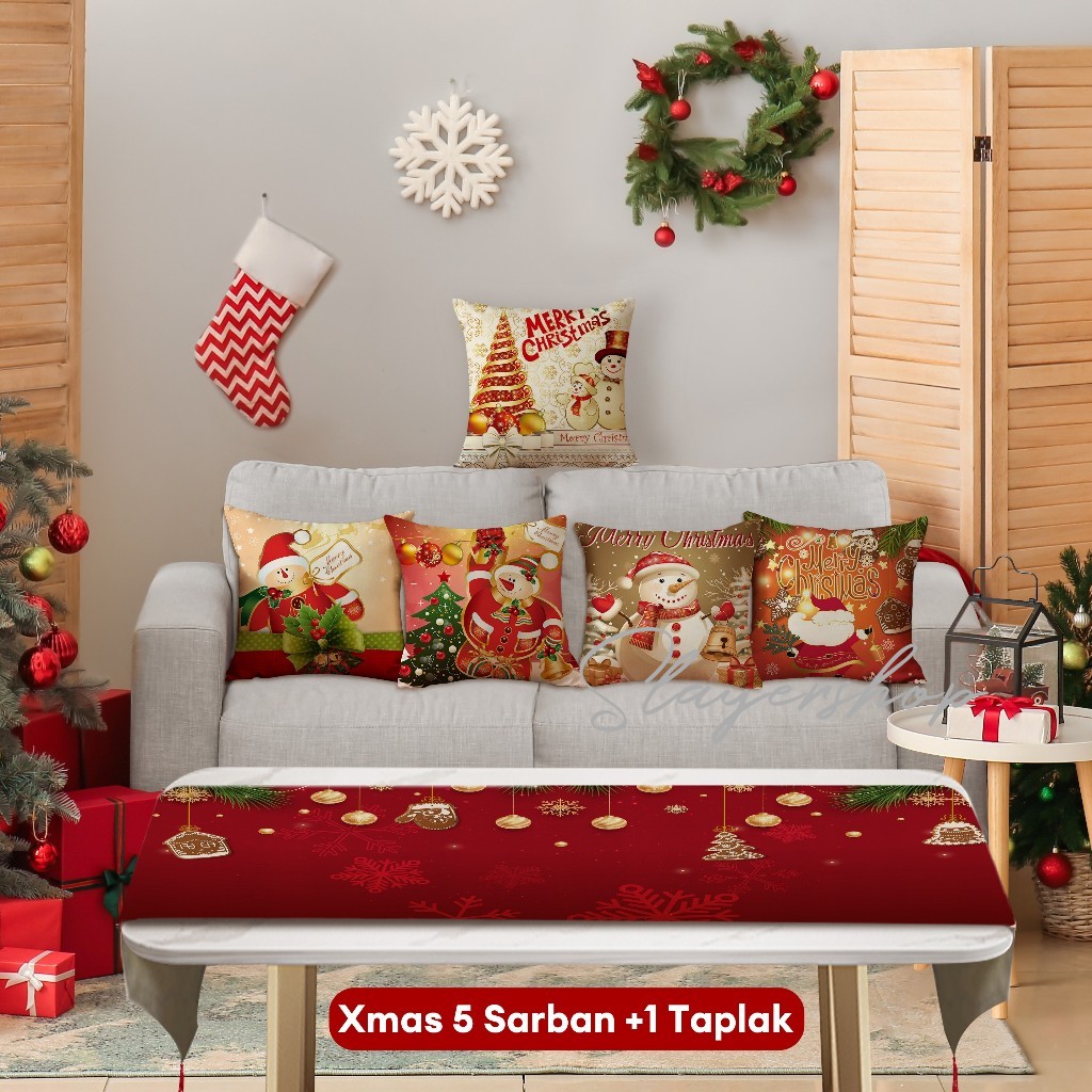 Christmas print linen 40*40cm cushion cover + tablecloth suit decoration Xmas home 6 pieces set table…