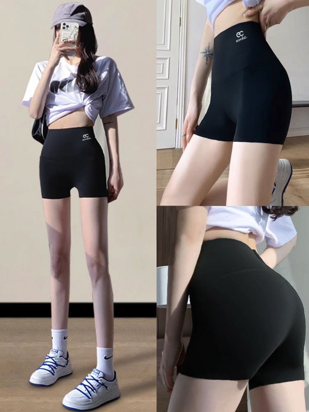 Quần legging đùi ECOCHIC nữ cạp cao gen bụng tập gym yoga chất liệu su đúc định hình nâng mông