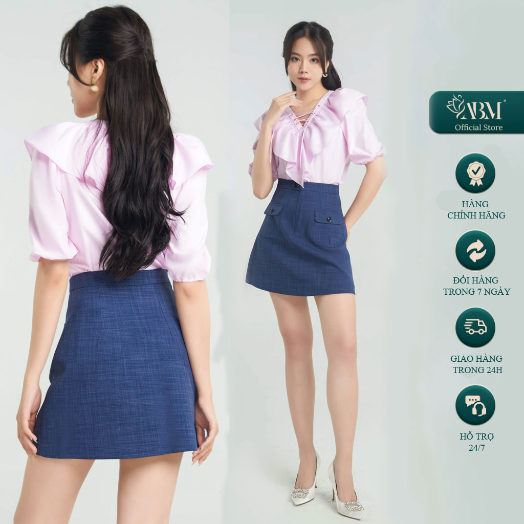 Bộ twinkie abm fashion bộ đồ thiết kế cổ v nhún bèo, tay bồng kèm chân váy chữ a túi hộp cho chị em đi làm, dạo phố