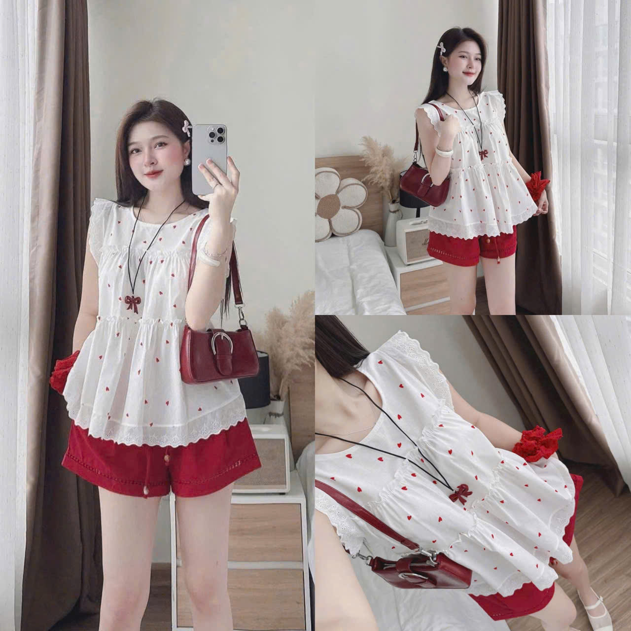  Set Bộ Áo Kiểu Sát Nách Viền Ren Tùng Xòe Chấm Bi Viền Ren Lai Phối Quần Đùi Siêu Sang ,Hot  Đi Chơi Cực Xinh 