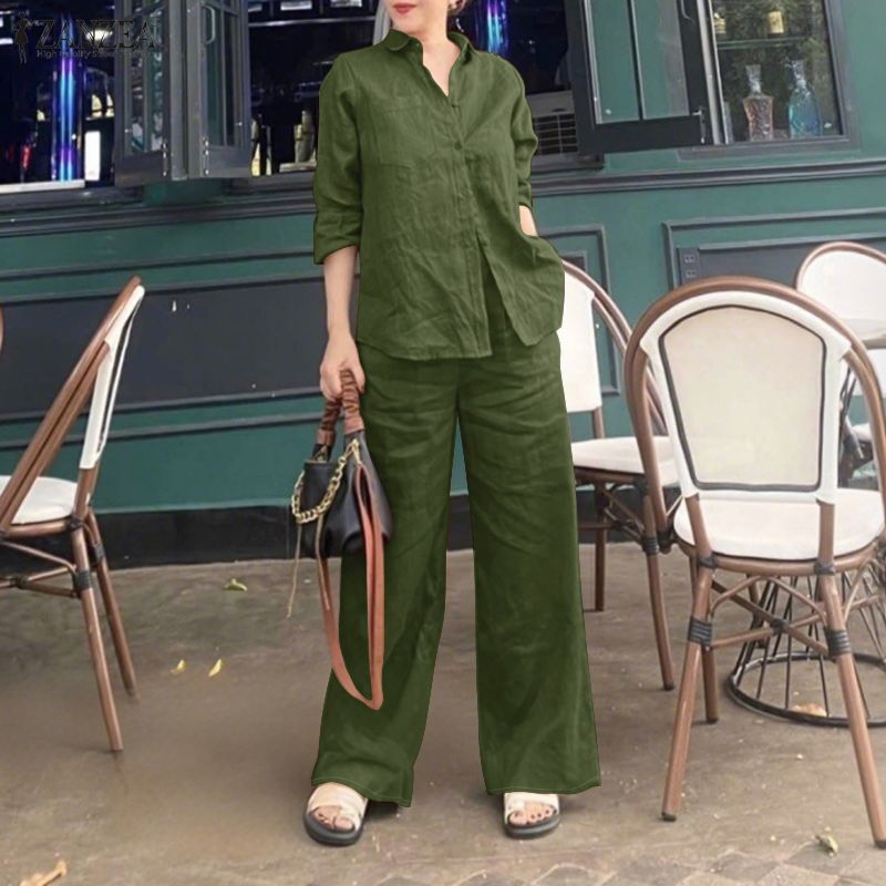 Fancystyle ZANZEA phong cách Hàn Quốc Phụ nữ hai mảnh phù hợp với đường phố Dài Tay Phong Cách túi áo có cúc Bộ quần xuông #1117