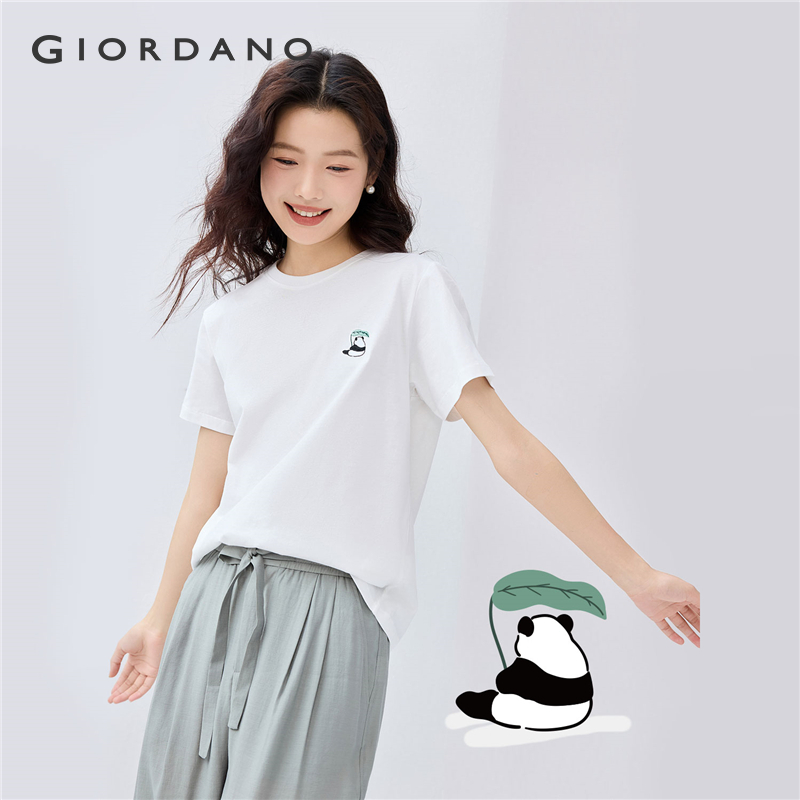 GIORDANO Women T-Shirts 100% Cotton Panda Embroidery Tee Crewneck Short Sleeve Simple Basic Fashion Casual Tshirts 13325326 ราคา 404 บาท*ส่งฟรี