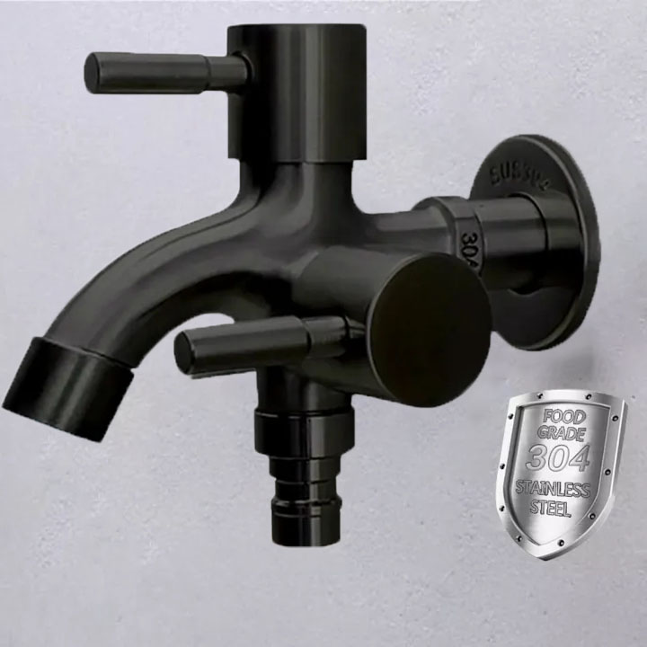 (HCM)Đen cao cấp Vòi nước đôi làm bằng inox 304 gắn tường, 01 đầu vào 2 đầu ra, đầu vào DN15 lắp cho ống D21mm - Bảo hành 24 tháng - Sen tắm lạnh inox cao cấp SL02