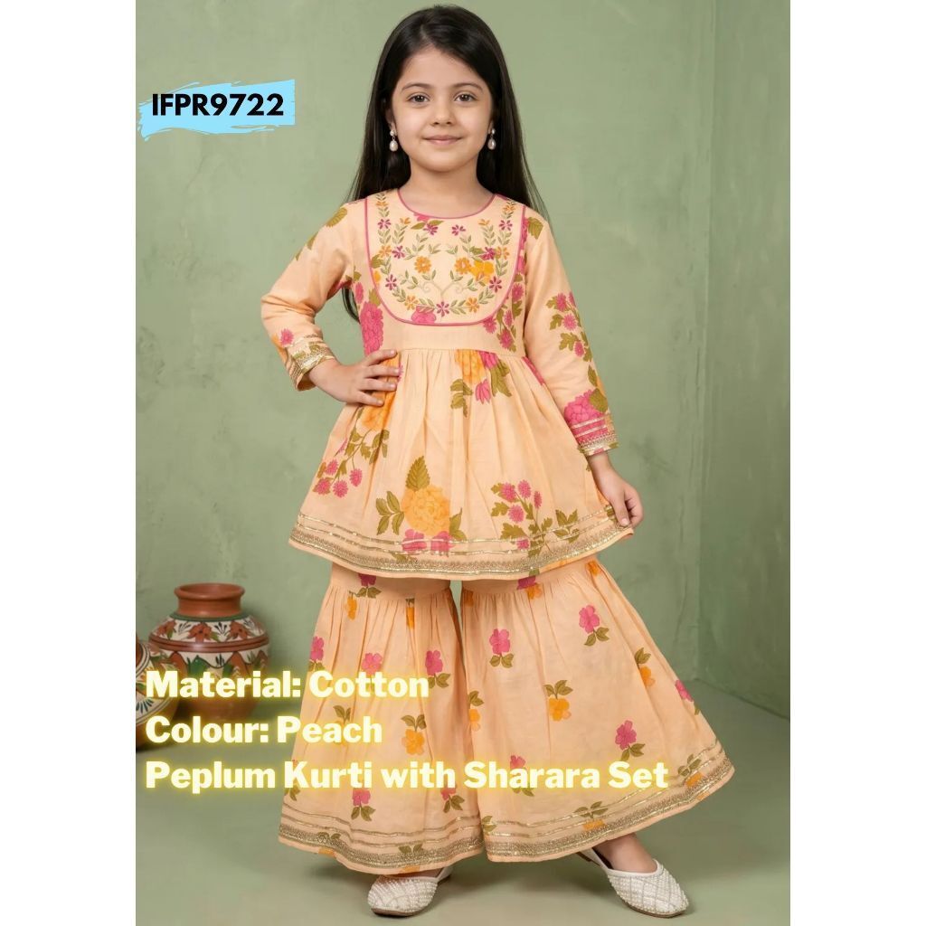 DEBAYU Readiprint Girls Cotton Peplum Kurti with Sharara Set Embroidery Works Size 16 to 32 Malaysia