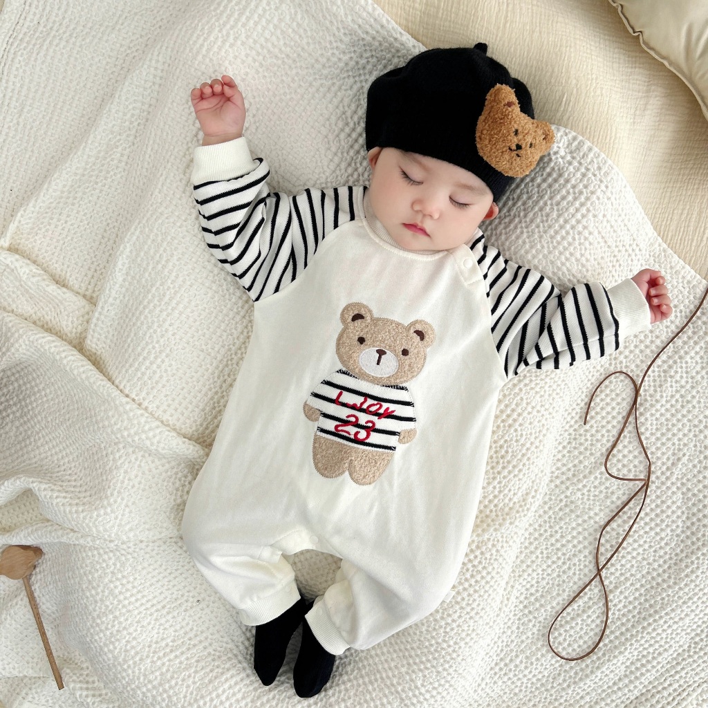 Bodysuit cho bé Body dài tay bé trai bé gái vải thun cotton áo liền quần trẻ sơ sinh gấᴜ kẻ SLT109