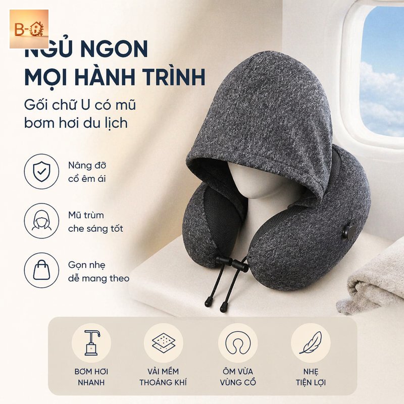 B-HQ Gối cổ chữ U gối kê cổ du lịch mềm êm tích hợp mũ ngủ trưa gấp gọn văn phòng máy bay