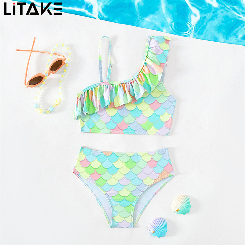 Kid Girl Bathing Two Pieces Suit Ruffle One Shoulder Scale Printing Sleeveless Girl Swimsuit Infant Girl Bikini Bathing Suit For Swimming ราคา 214 บาท*ส่งฟรี