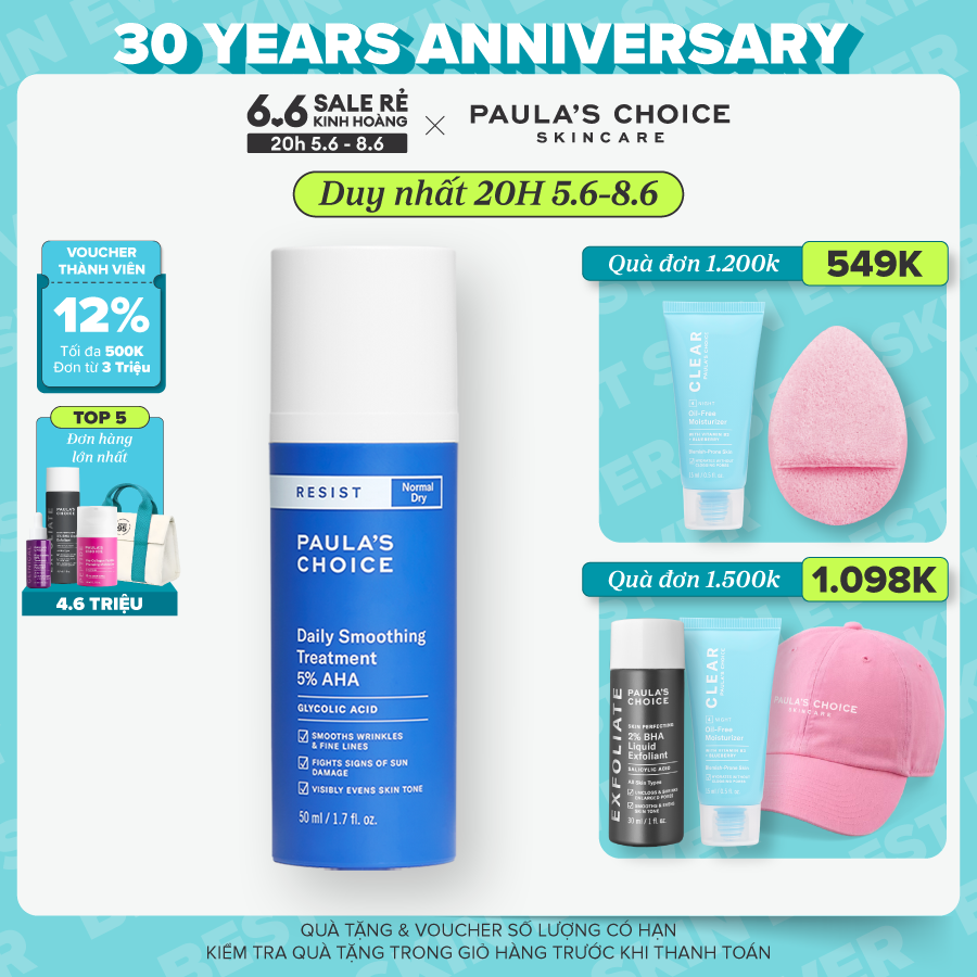 Kem tẩy da chết bề mặt làm sáng mịn và đều màu  da Paula’s Choice RESIST Daily Smoothing Treatment W
