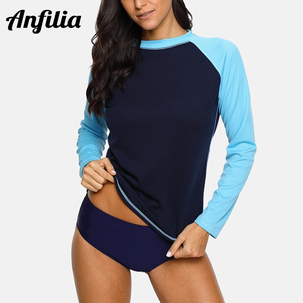 【Wireless】 Anfilia Women's Rashgurad Long Sleeves Color Block Rash Guard Swimming Surfing Shirts