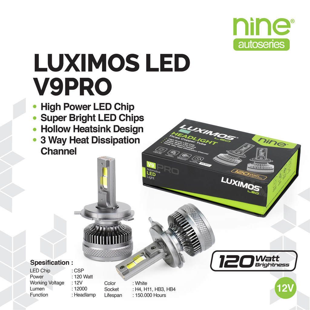 LUXIMOS Lampu Utama Mobil 120W H4 H11 Foglamp Super Extreme Terang Putih V9 PRO - NINE AUTOSERIES Harga 699,900 rupiah*Gratis Ongkir