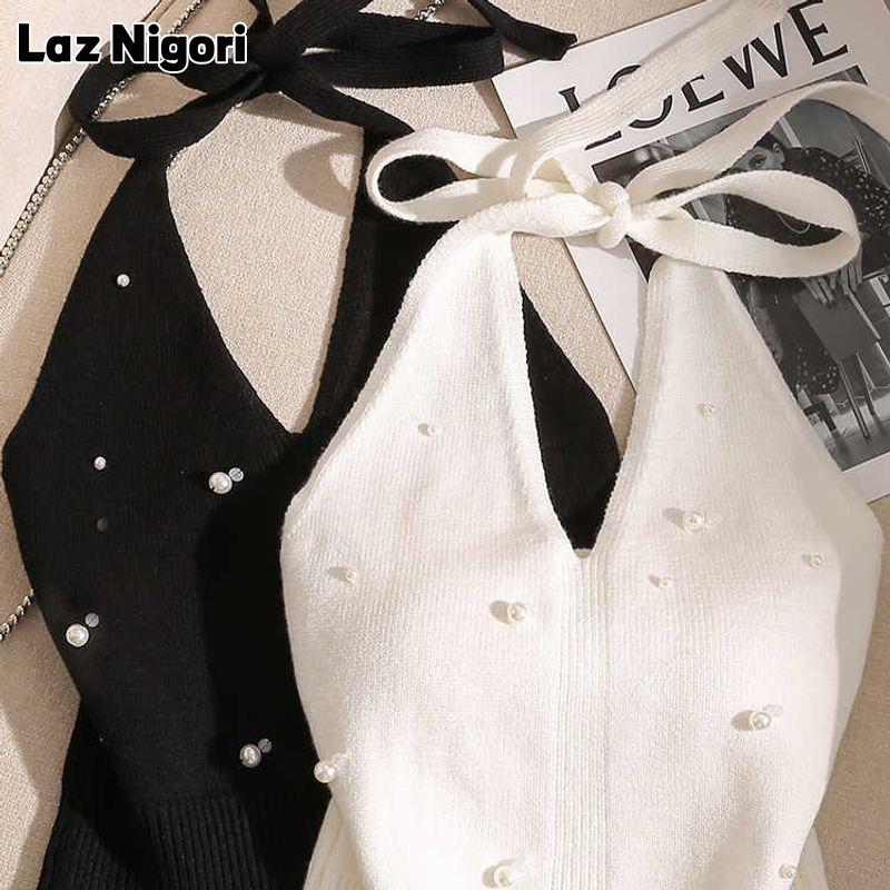 Laz Nigori French Beaded Beautiful Halter Spaghetti Straps Vest Women's Inner Wear Hot Girl Slim-Fitting Back Shaping off-the-Shoulder Outer Wear Knitted Top Summer ราคา 64 บาท*ส่งฟรี