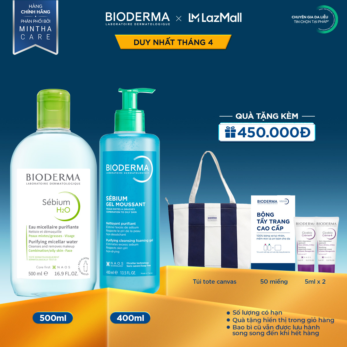 Bộ nước tẩy trang và làm sạch cho da dầu mụn Bioderma Sebium H2O 500ml và Gel rửa mặt 500ml
