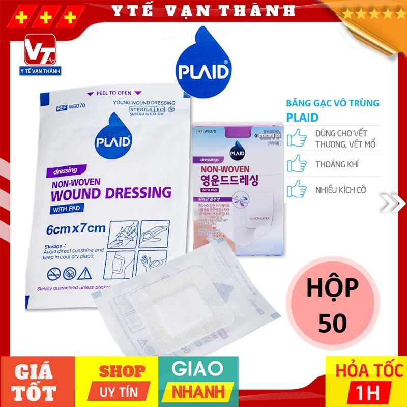 ✅ HỘP Băng Gạc Vô Trùng PLAID Non-woven Wound Dressing With Pad | Bảo vệ vết thương lớn -VT1013 - Y Tế Vạn Thành