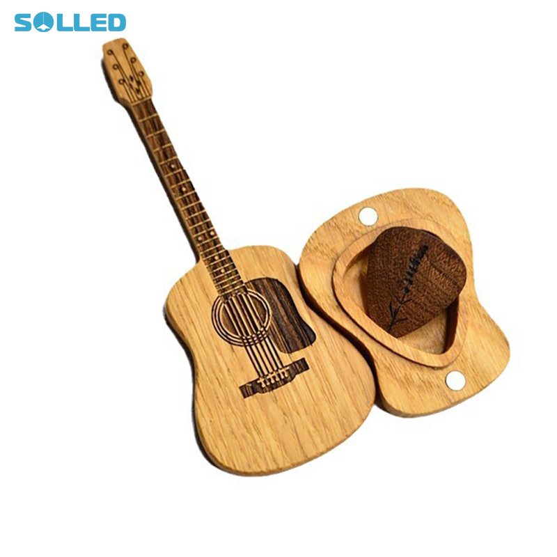 Wooden Guitar Picks Storage Box Easy Carrying With 3 Picks Stand Guitar-Shaped Plectrum Container Display Case