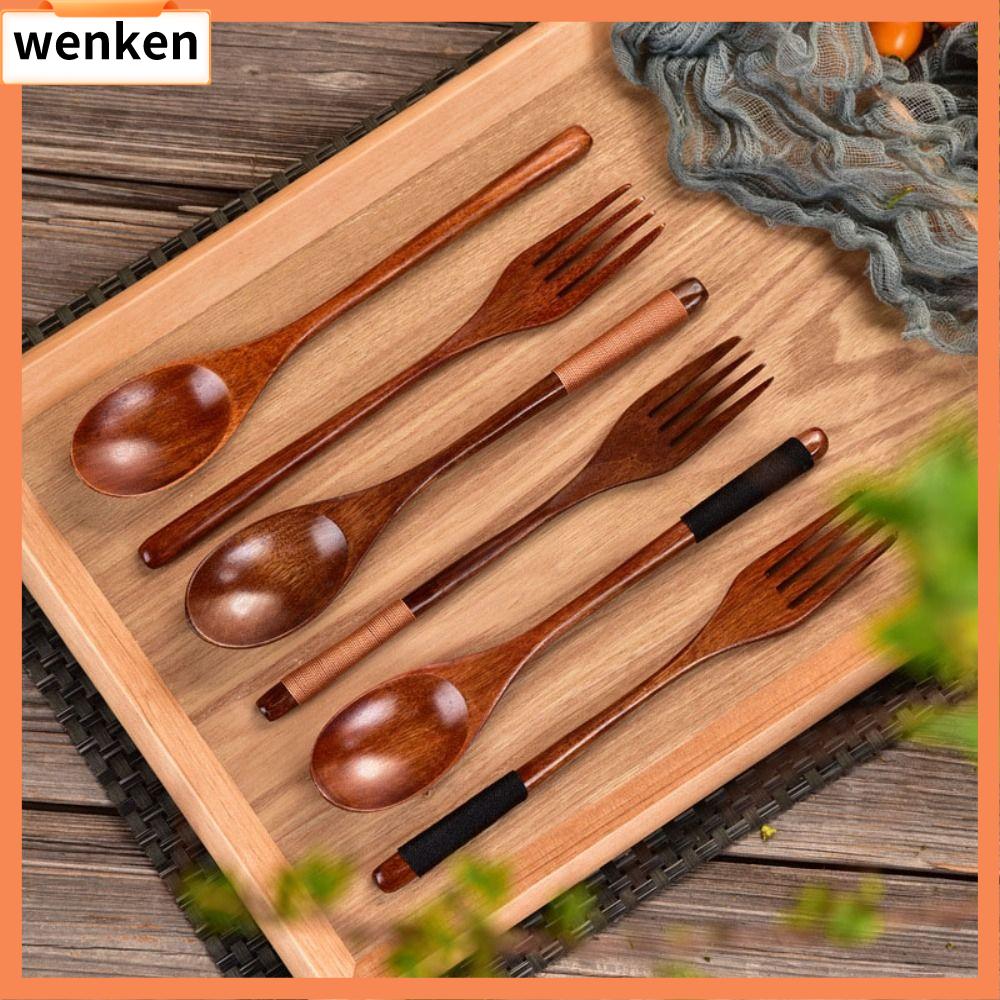 WENKEN Tự nhiên Muỗng gỗ Thủ công Nĩa Gỗ Chất lượng cao Dụng cụ nấu ăn gia đình Phụ kiện nhà bếp