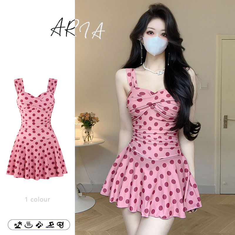 [สงกรานต์เฟสติวัล]ชุดว่ายน้ำชายหาดชิ้นเดียวลายจุดสีชมพูน่ารัก ราคา 542 บาท*ส่งฟรี