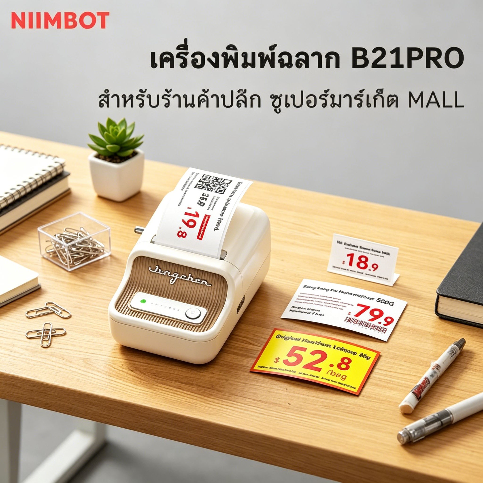 [ไทยในสต็อก] NIIMBOT B21PRO เครื่องพิมพ์ฉลากอัจฉริยะ Bluetooth สำหรับร้านค้า คาเฟ่ และธุรกิจ พิมพ์ป้ายอาหาร รูปภาพ และบาร์โค้ดได้ง่ายๆ ราคา 2,499 บาท*ส่งฟรี