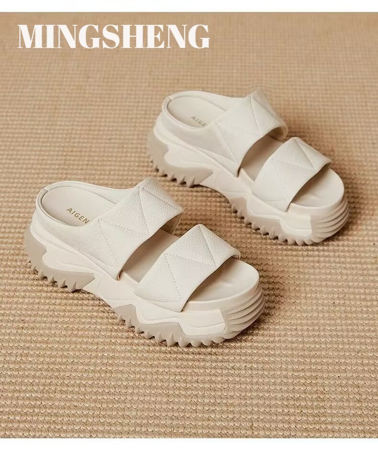  Mingsheng Giày nữ da mềm đế dép nữ mùa hè mới dày đế nâng cao Muffin thường đa năng Dép đi trong nhà phong cách giày thường ngày 