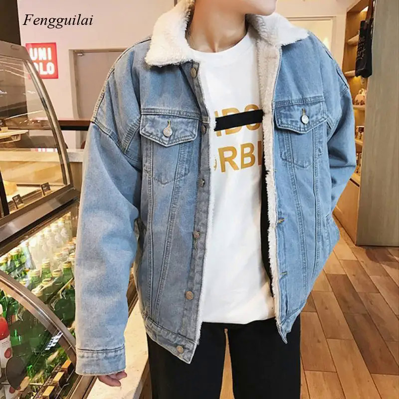 Người Đàn Ông Ánh Sáng Màu Xanh Mùa Đông Jean Áo Khoác Áo Khoác Áo Khoác Denim Ấm Áp Áo Khoác Người Đàn Ông Mới Lớn Kích Thước Len Lót Dày Hơn Mùa Đông Den