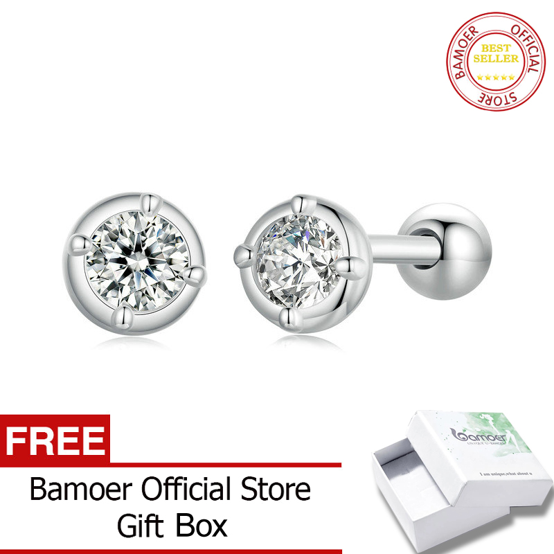 Bamoer 925 Sterling Vòng bezel bằng bạc Thiết Lập Moissanite khuyên nụ cắt tròn kim cương cấy Bông Tai Cho Phụ Nữ trang sức cưới Quà Tặng Mse044