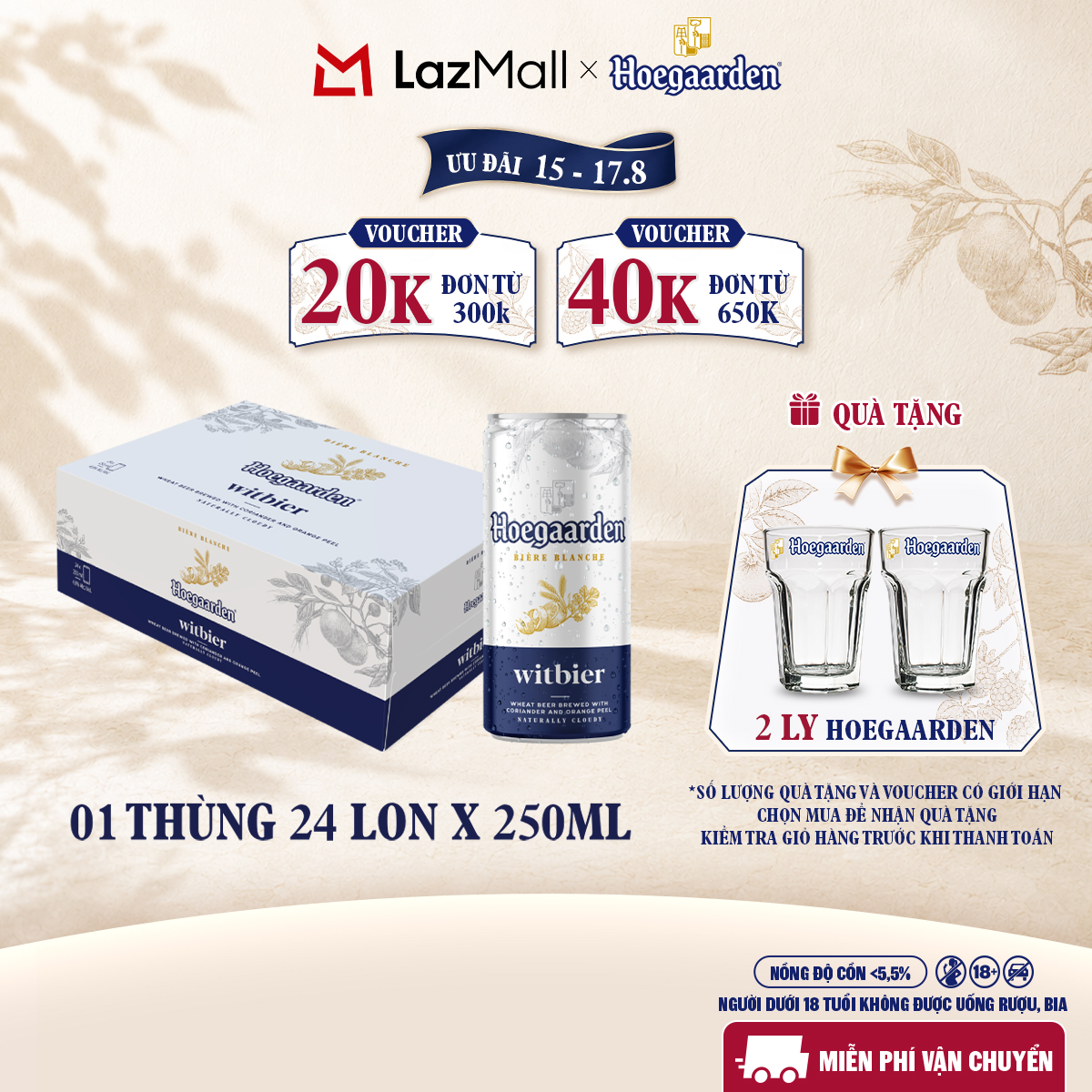 Thùng 24 Lon Bia Hoegaarden White - Bia Bỉ Chính Hiệu Lúa Mỳ (250ml/lon)