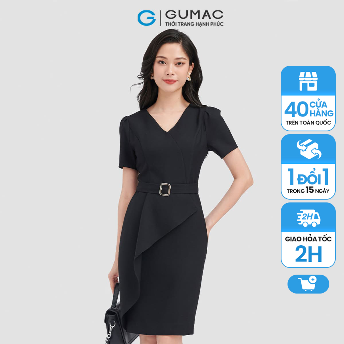 Đầm bút chì gumac, đầm cổ tim không túi tay ngắn xếp ly dc09033