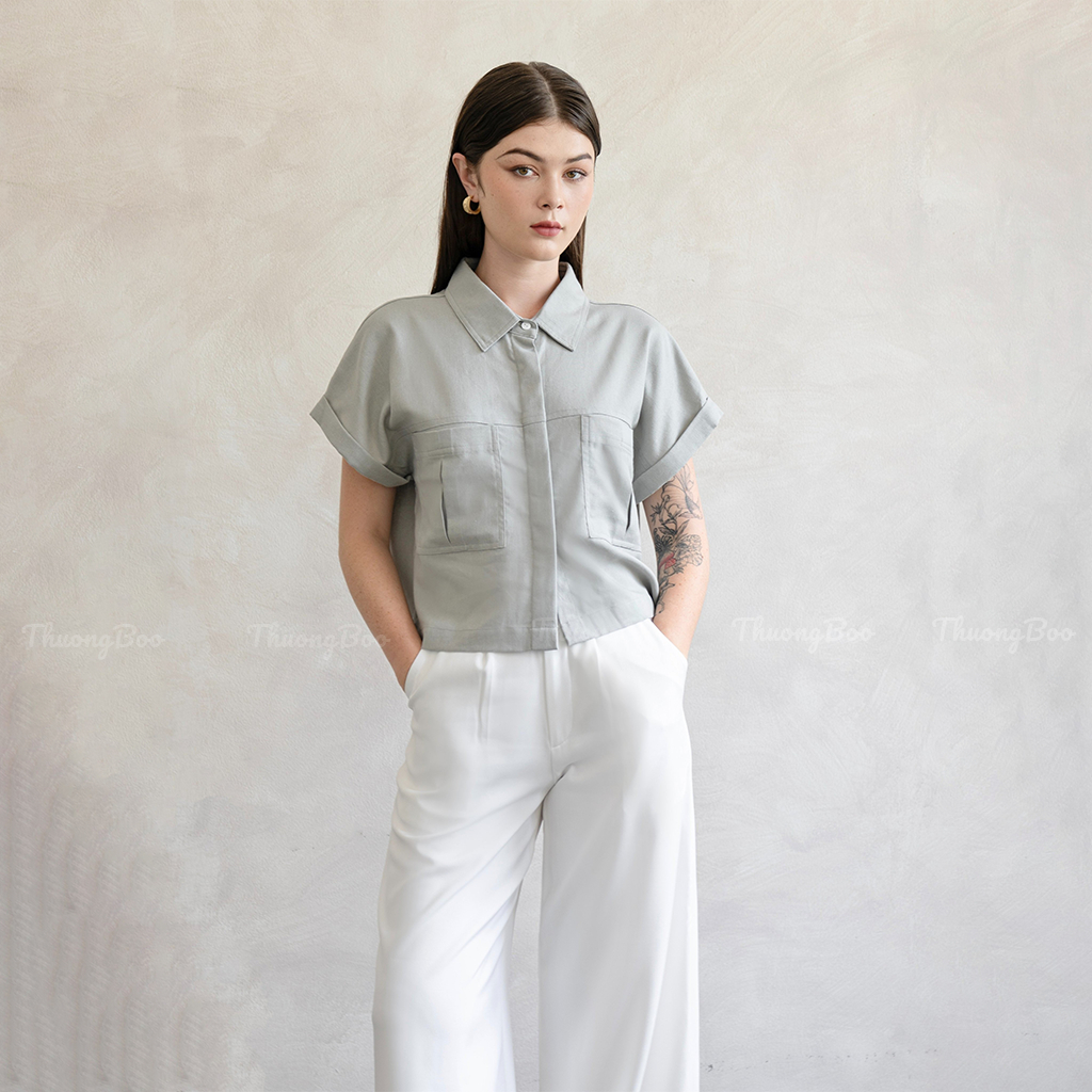 Áo Sơ Mi Nữ Kiểu Tay Ngắn Thuongboo Chất Linen Hàn Mềm Mại Thoáng Mát - Crop Shirt