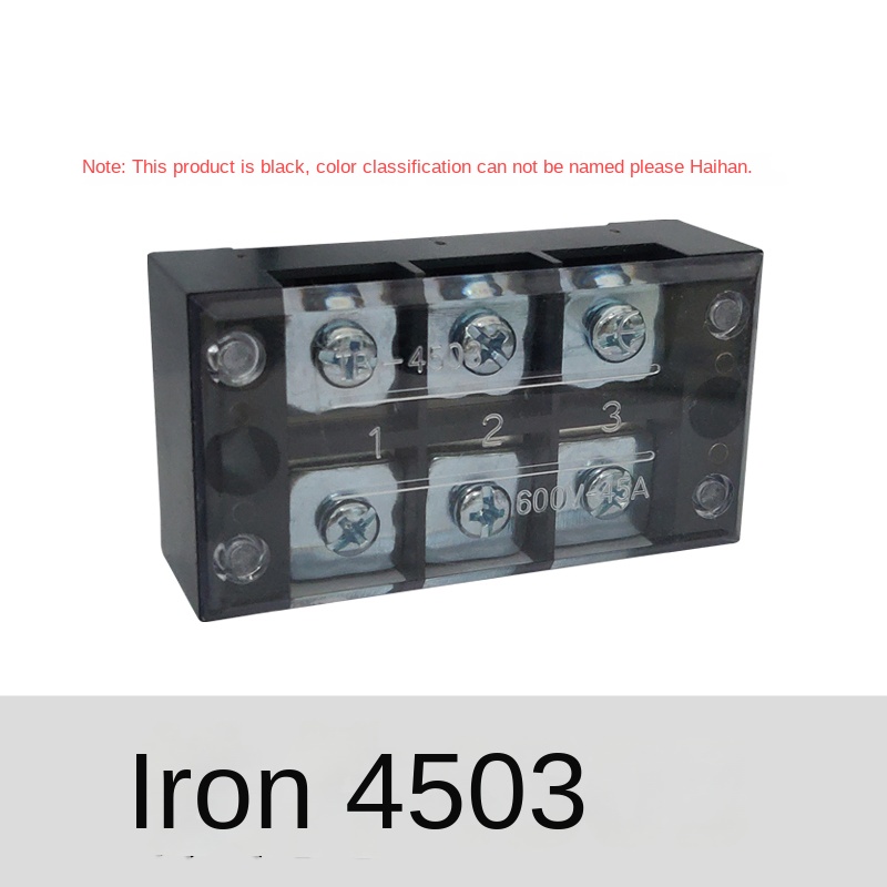 TB-4503 bảng đầu nối dây 3 vị trí 3P/45A, vật liệu sắt,  kiểu cố định với cột ép dây dạng rào chắn, hộp nối nhanh, kết nối dây điện song song | domino