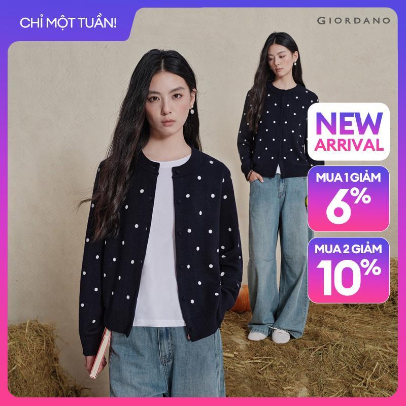 GIORDANO Women Cardigans Contrast Polka Dot Cardigans Crewneck Button Closure Fashionable Casual Loose Cardigans 18356721
